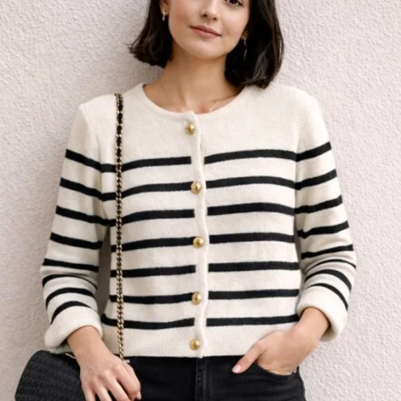 H & M women's navy and cream cardigan Size S business casual - Picture 1 of 6
